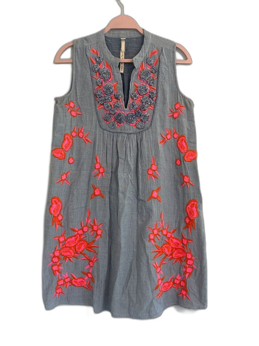 Uncle Frank Gray Embroidered Mini Dress M Neon Pink Orange Boho Cotton